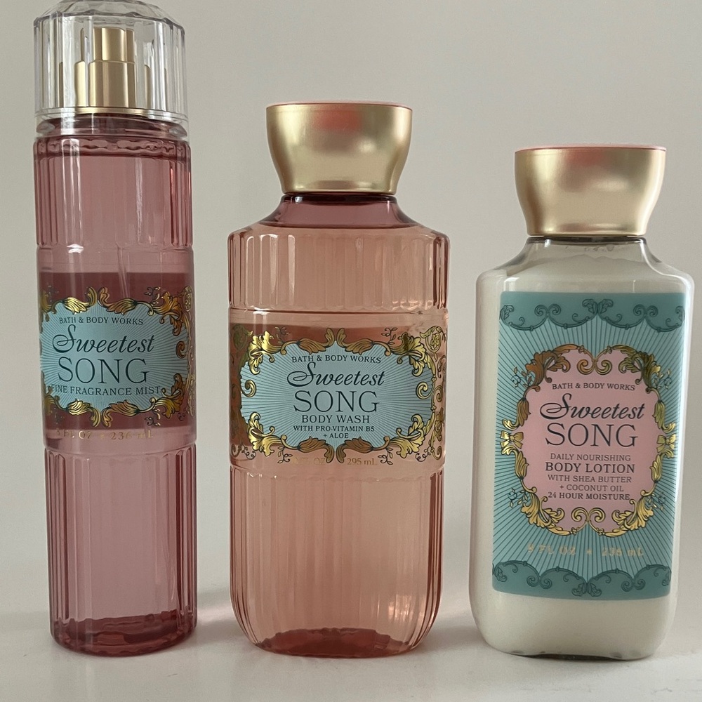 Bath & Body Works SWEETEST SONG 3 Piece Set Body Wash Lotion Fine Fragrance Mist